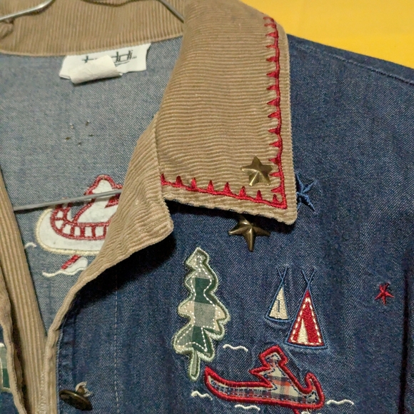 🛶Vintage Teddi Denim Jean Jacket Corduroy Trim Embroidered Canoe Camping Theme - Picture 7 of 12